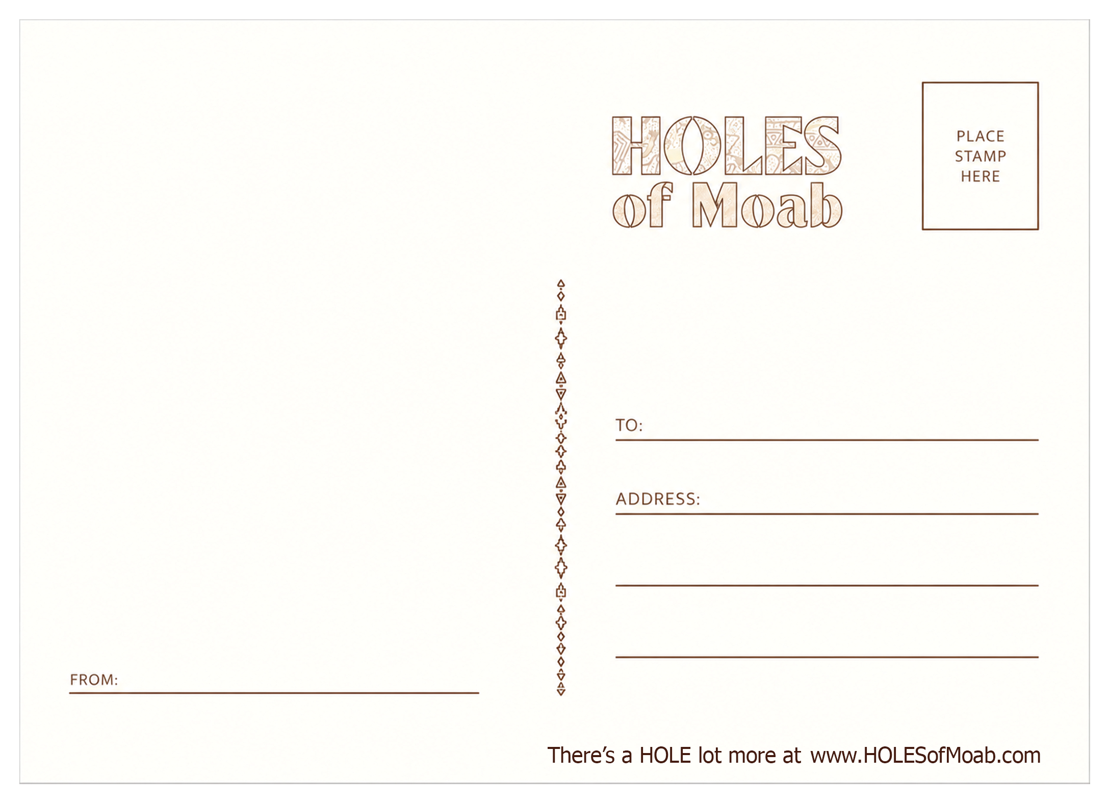 Back of the Holes of Moab postcard, showing design details and descriptive text